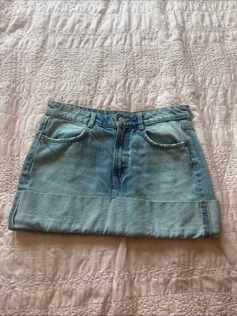 Zara Light Blue Denim Mini Skirt with Cuffed Hem